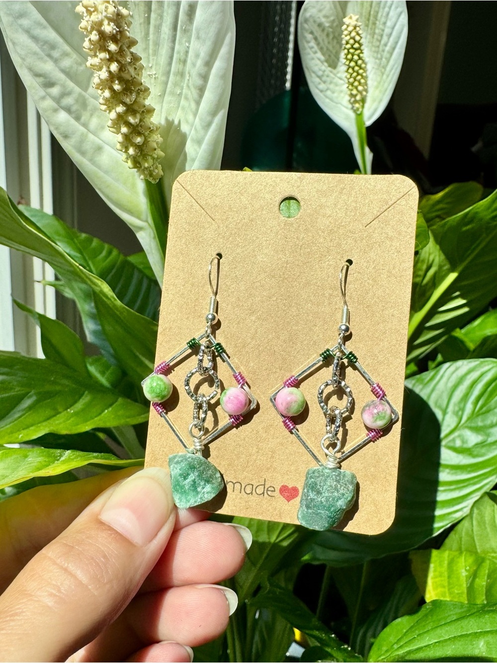 ✨Raw Aventurine + Pink & Green Jade Diamond Drop Earrings✨